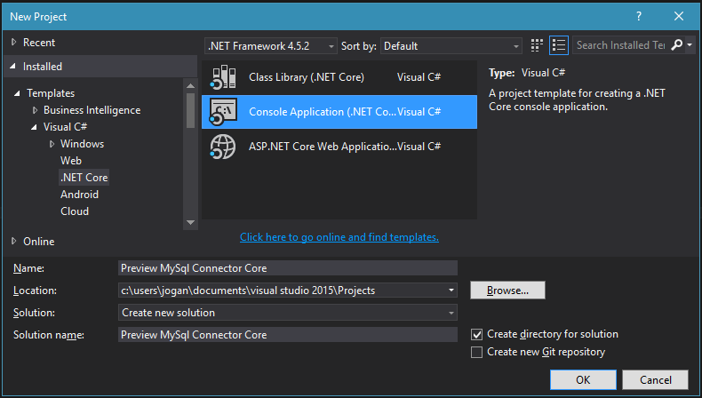 Select Kind of project (.NET Core)