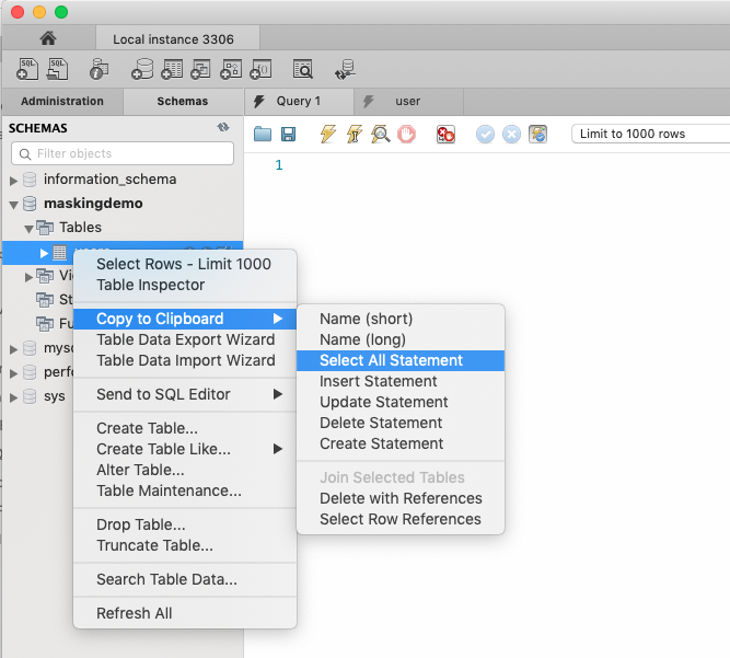 MySQL Workbench - Select ALL Statement makes it easy to create SQL statement