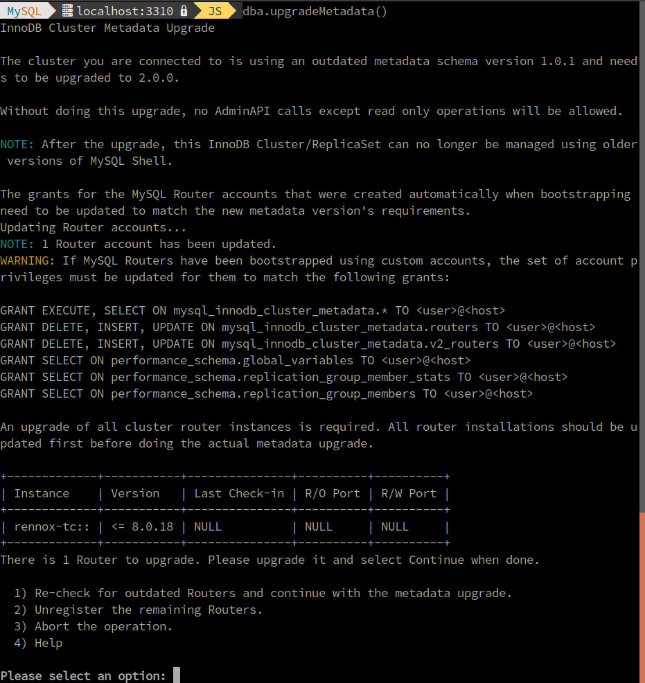 Non upgraded MySQL Router instance found during the metadata upgrade.