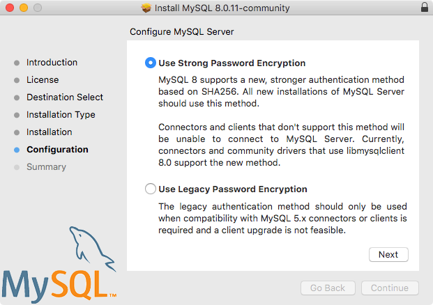 ほとんどのコンテンツは周囲のテキストで説明されています。 インストーラでは、caching_sha2_password を「強力なパスワード暗号化の使用」、mysql_native_password を「レガシーパスワード暗号化の使用」と呼びます。